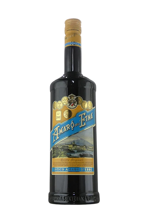Bottle of Amaro dell'Etna with its blue and gold label