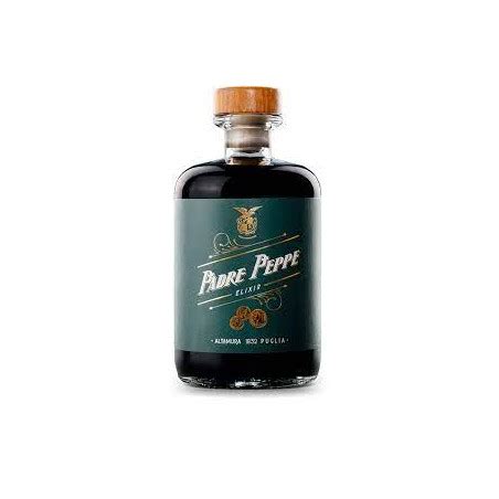 Editorial illustration of a bottle of Amaro Padre Peppe, the Puglia, Southern Italy amaro produced by Liquorificio Padre Peppe