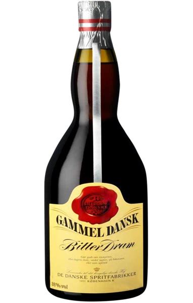 Flask-shaped bottle of Gammel Dansk Bitter Dram Danish herbal bitter with a cream label and red wax seal