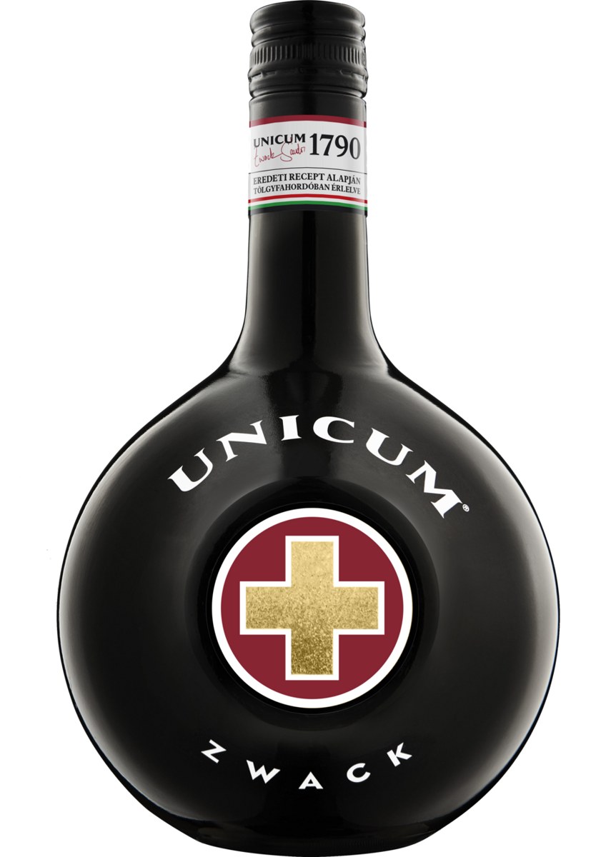 Round black bottle of Zwack Unicum Hungarian herbal bitter with red cross label