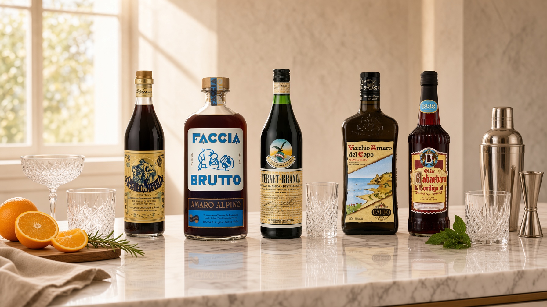 Italian amaro bottles including Sibilla, Fernet-Branca and Vecchio Amaro del Capo on a modern marble bar