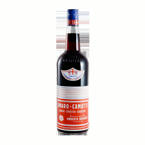 Bottle of Amaro Camatti from Genoa with its red and white Umberto Brignardello label