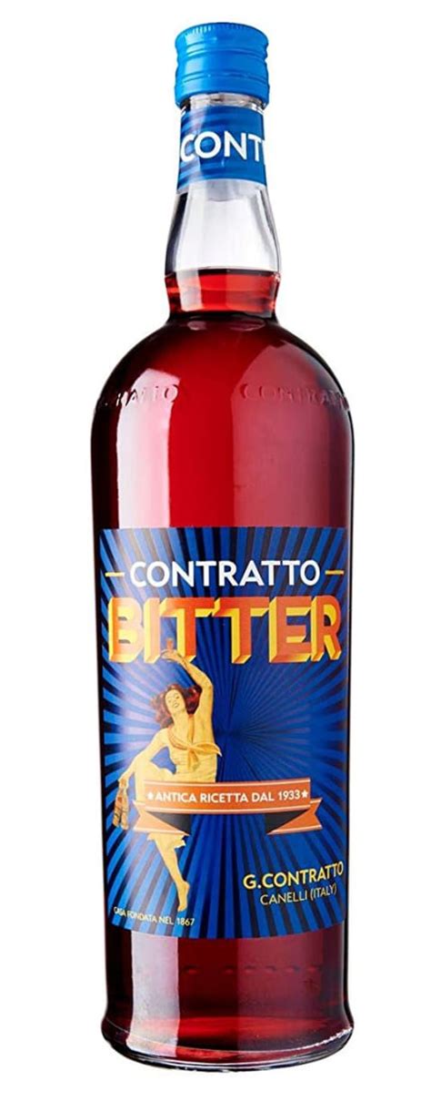Bottle of Contratto Bitter with its blue and gold Art Deco label, the Piedmontese aperitivo bitter from Canelli