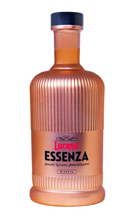 Bottle of Amaro Lucano Essenza in its copper-toned fluted bottle