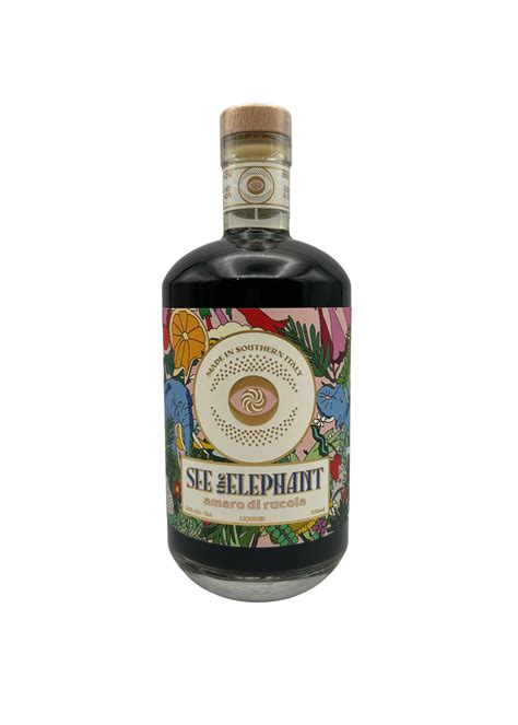 Bottle of See the Elephant Amaro di Rucola with illustrated botanical label