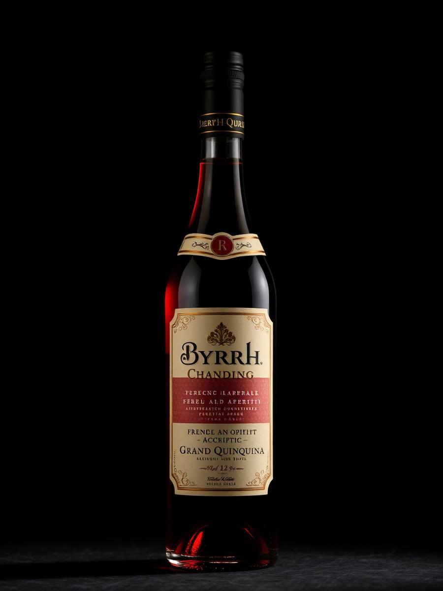 Bottle of Byrrh Grand Quinquina French wine-based quinquina aperitif with a cream and red label
