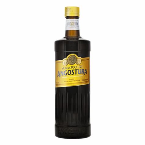 Bottle of Amaro di Angostura Caribbean amaro with a black label, gold lettering and oversized neck label