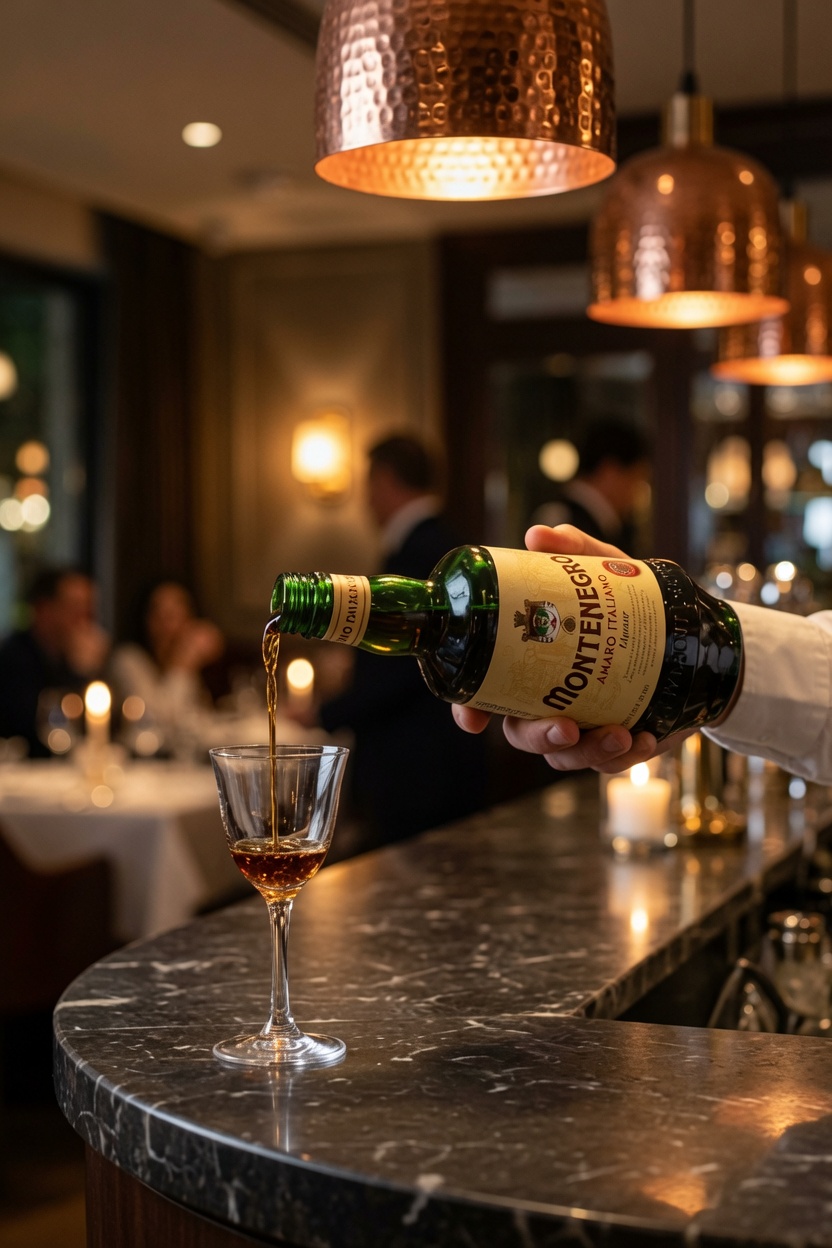 Bartender pouring Amaro Montenegro into a glass at a marble bar under copper lights