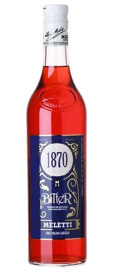 Bottle of Meletti 1870 Bitter with its deep blue label and bright red liqueur