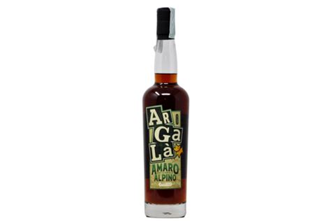 Tall bottle of Agala Altitud 1175 Amaro Alpino with dark amber liquid and a green-lettered label