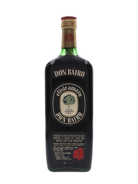 Vintage bottle of Elisir Amaro Don Bairo with an oval label showing a tree crest and the date Anno Domini 1452
