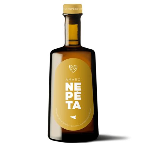 Amber glass bottle of Amaro Nepeta with a golden oval label and green leaf emblem