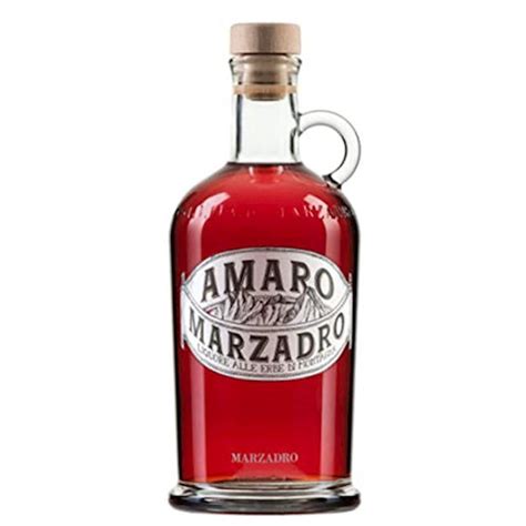 Handled carafe-style bottle of Amaro Marzadro with an oval mountain label