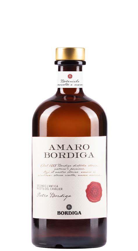 Bottle of Amaro Bordiga with its cream label and red wax seal
