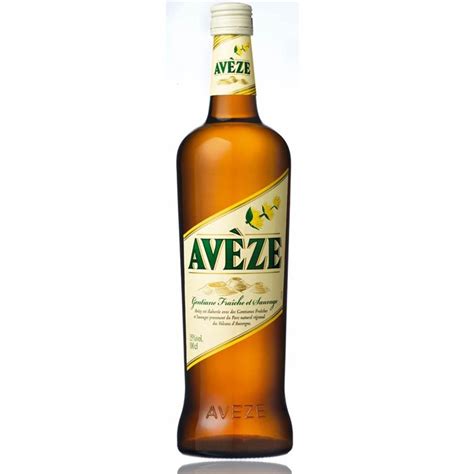 Bottle of Avèze French gentian aperitif with pale golden liquid and a cream and green label