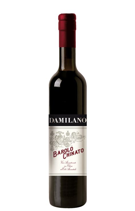 Bottle of Damilano Barolo Chinato with a cream scrolled label and burgundy capsule
