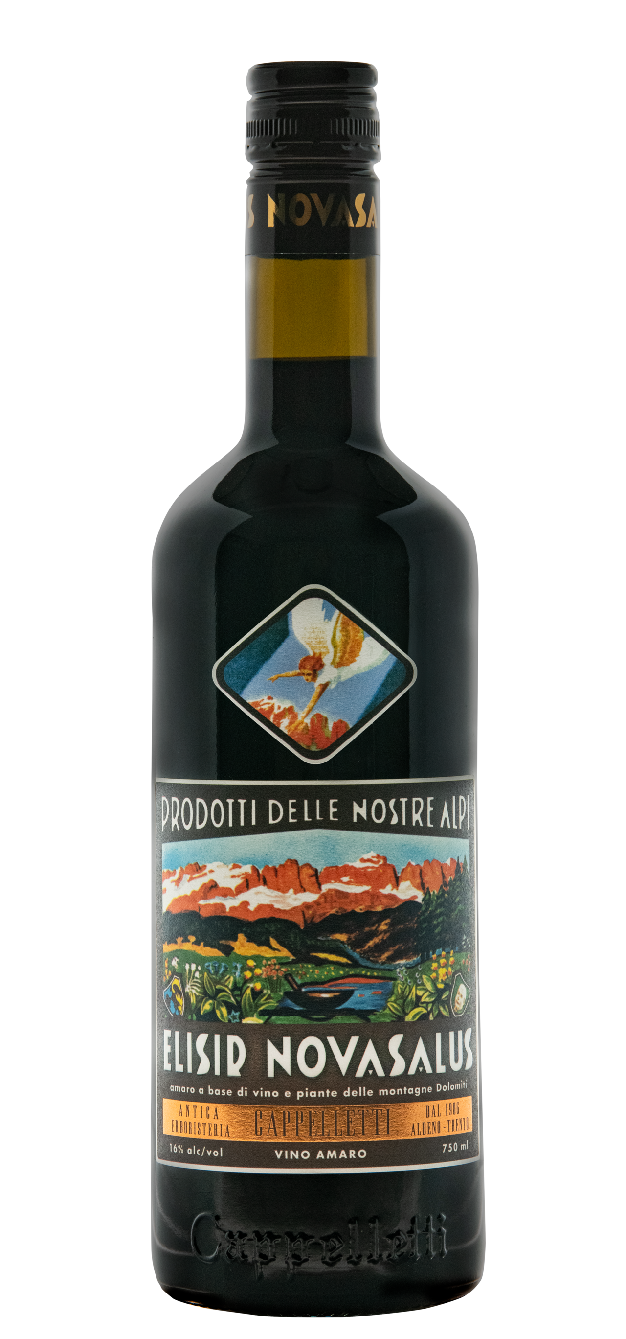 Bottle of Elisir Novasalus, the bone-dry wine-based bitter from Trentino