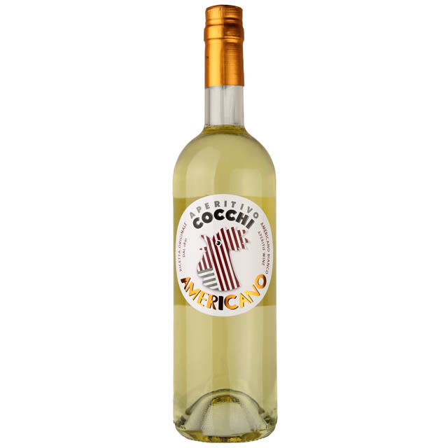 Bottle of Cocchi Americano aperitif wine with its round Art Deco zebra label