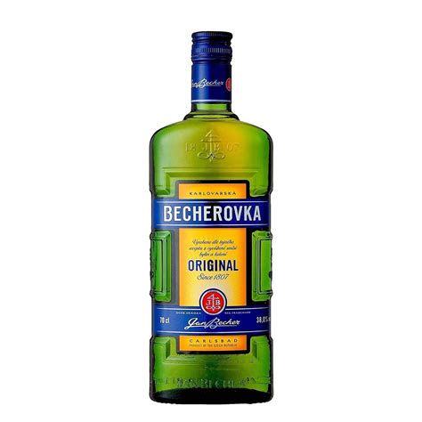 Flat green bottle of Becherovka Czech herbal bitter from Karlovy Vary
