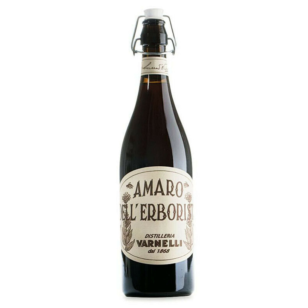 Bottle of Amaro dell'Erborista by Distilleria Varnelli with swing-top cap and cream label