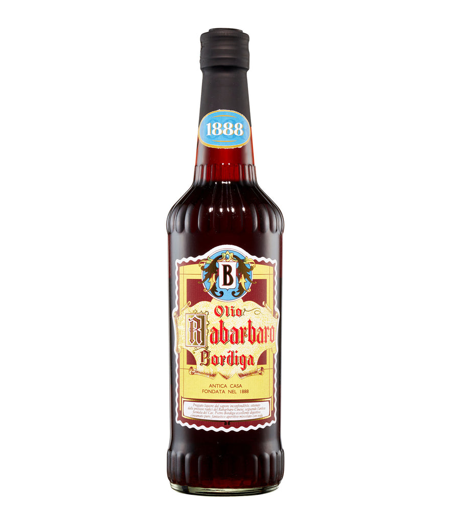 Bottle of Olio Rabarbaro Bordiga with its ornate 1888 label