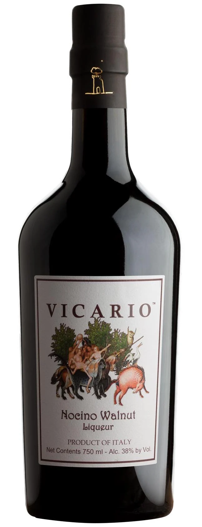 Tall dark bottle of Vicario Nocino walnut liqueur with a white illustrated label and black wax capsule