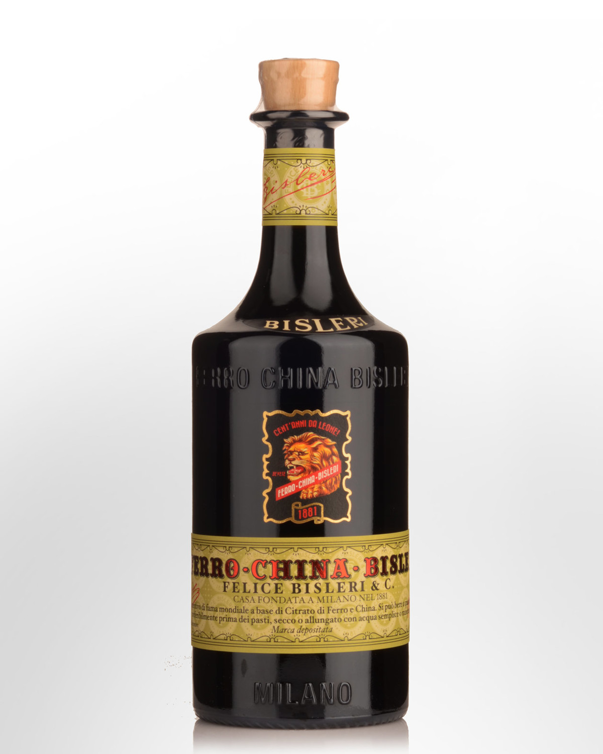 Bottle of Ferro-China Bisleri with its gold and red lion label
