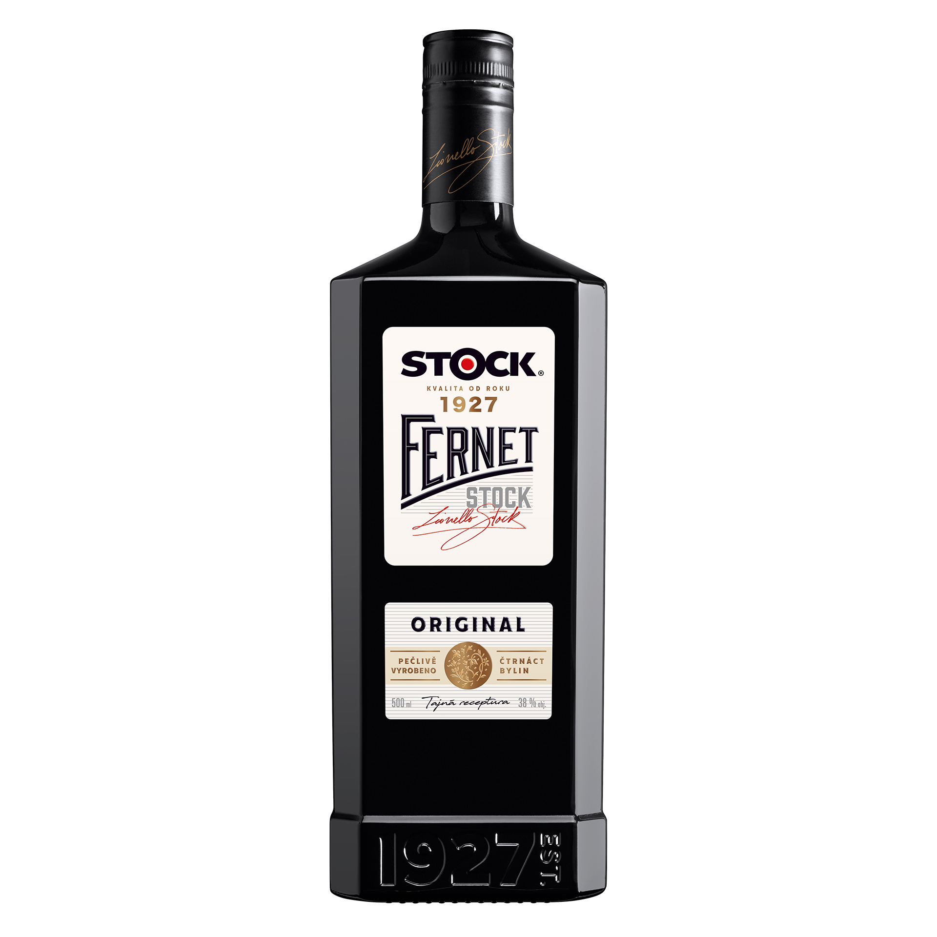 Black faceted bottle of Fernet Stock Original with 1927 embossed at the base and cream Stock label