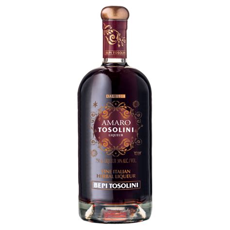 Bottle of Amaro Tosolini, a dark Friulian grappa-based herbal liqueur with a gold-scrolled label and copper capsule