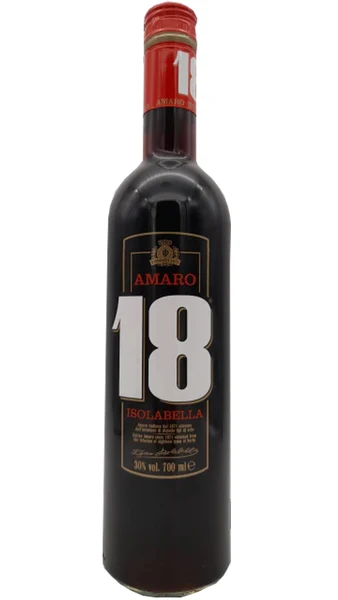 Bottle of Amaro 18 Isolabella with its black label and red capsule