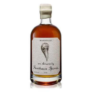 Bottle of Forthave Spirits Marseille Amaro with plague-doctor label