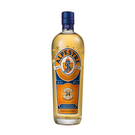 Bottle of Alpestre, the 34-herb alpine liqueur from Carmagnola in Piedmont, with its blue and orange label