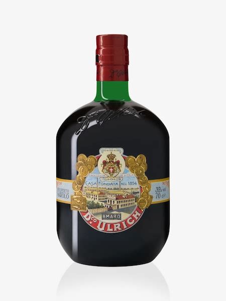 Bottle of Amaro Ulrich by Distilleria Marolo, a dark Piedmontese grappa-based amaro with a gold medallion label and red capsule