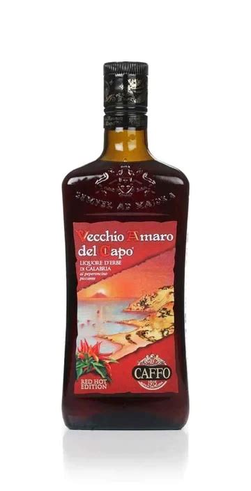 Bottle of Vecchio Amaro del Capo Red Hot Chili Edition, the Calabria amaro produced by Distilleria Caffo