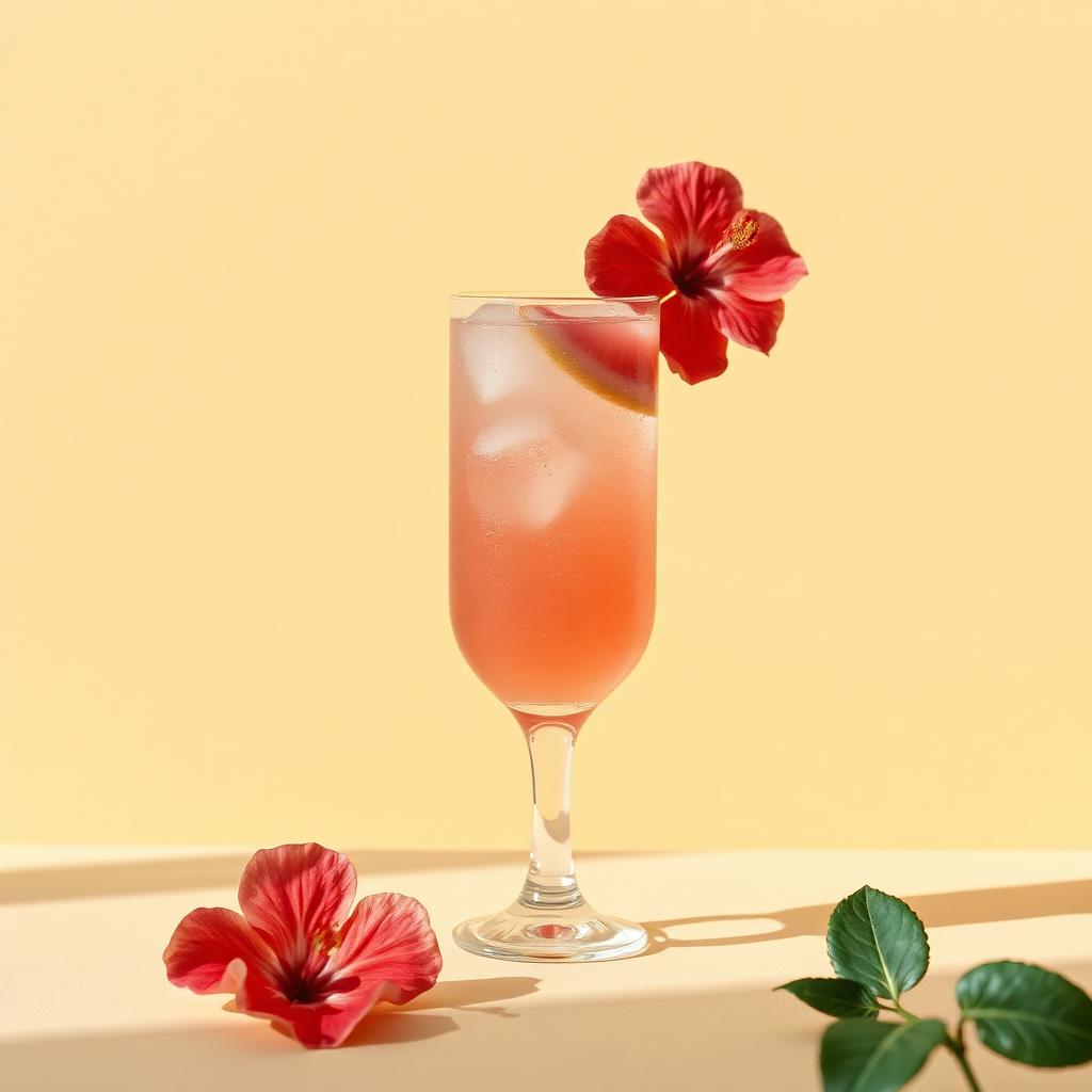 Tall spritz glass of pale pink Ramazzotti Rosato aperitivo over ice with grapefruit and hibiscus flowers
