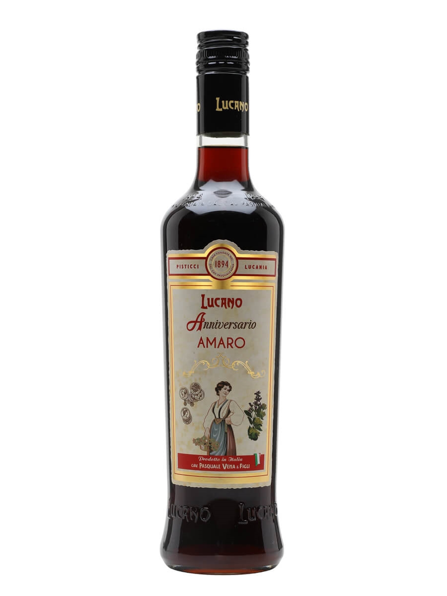 Bottle of Amaro Lucano Anniversario with cream and gold 1894 Pisticci label showing the Lucanian woman in traditional costume