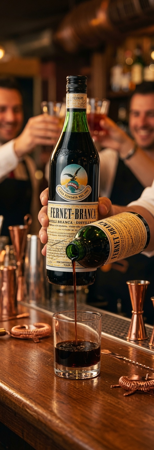 Bartender pouring Fernet-Branca into a glass in a crowded bar