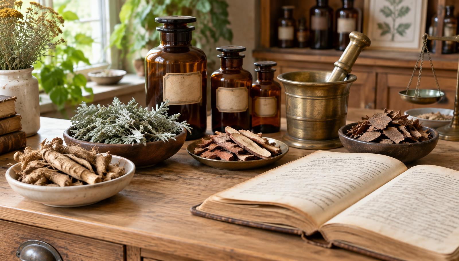 Apothecary counter with brown glass bottles, a brass mortar and pestle, and dishes of dried gentian root, wormwood, rhubarb and cinchona bark beside an old herbal ledger