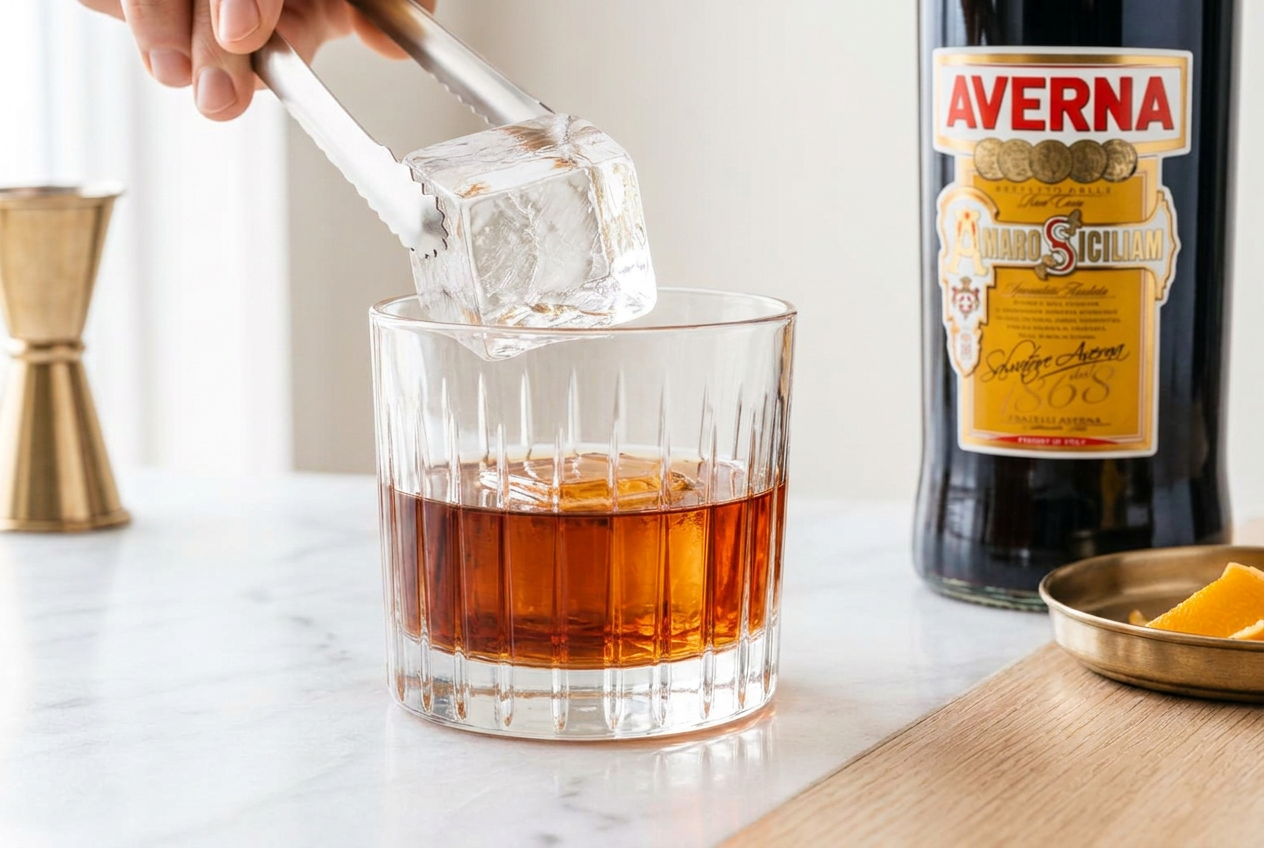 A single large clear ice cube lowered with tongs into a rocks glass of dark amber amaro on a dark marble bar