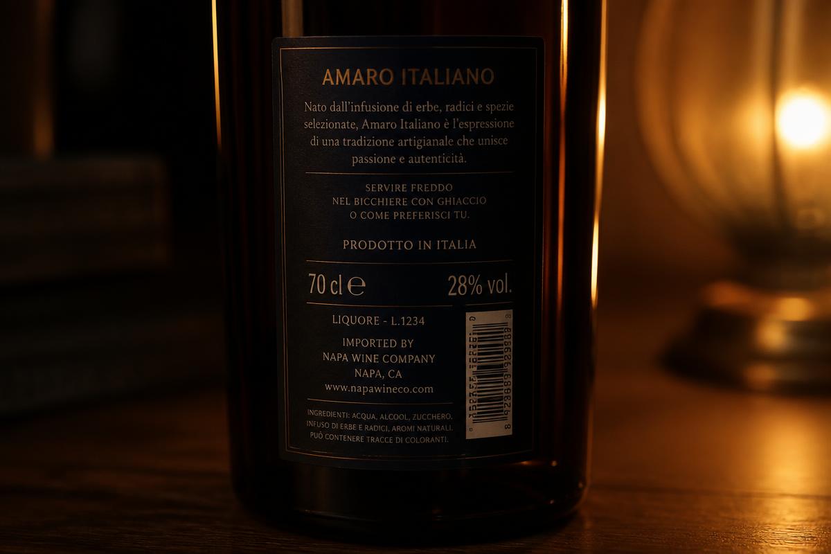 Back label of an Italian amaro bottle showing volume, alcohol percentage, batch code and importer details