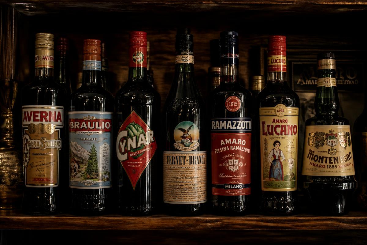 Row of Italian amaro bottles on a wooden back bar shelf with labels facing forward