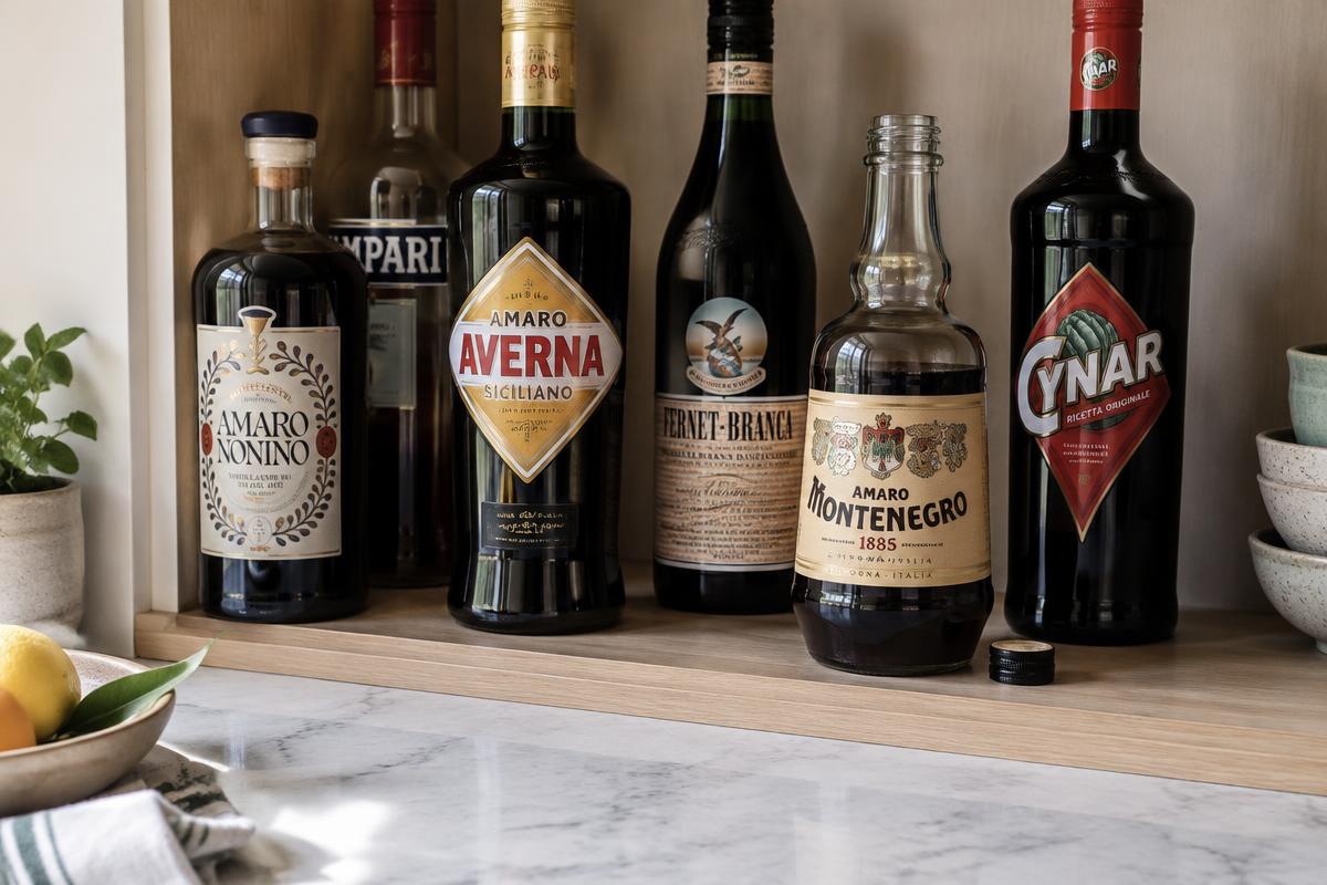 Italian amaro bottles stored upright on a pale oak shelf beside a bright marble counter, one bottle open with its cap resting nearby