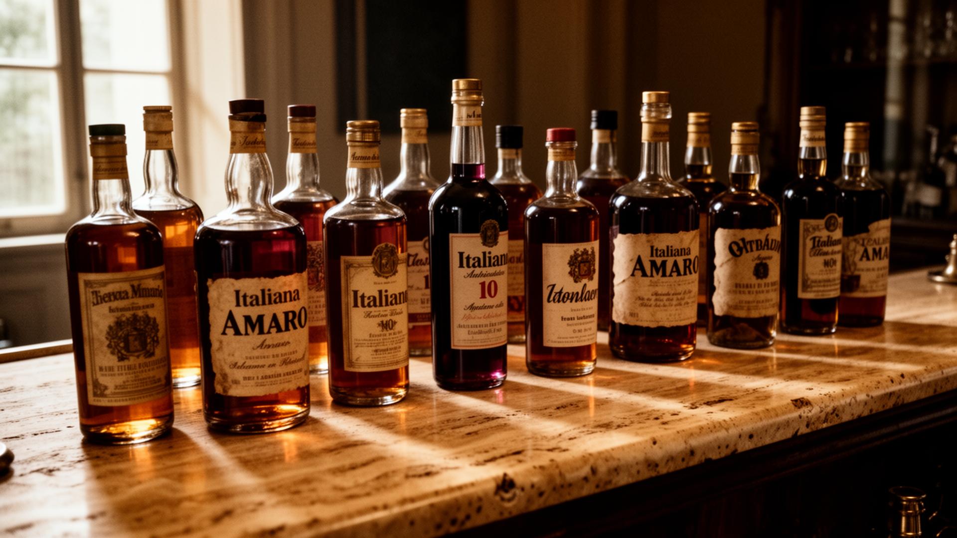 A collection of Italian amaro bottles grouped by style