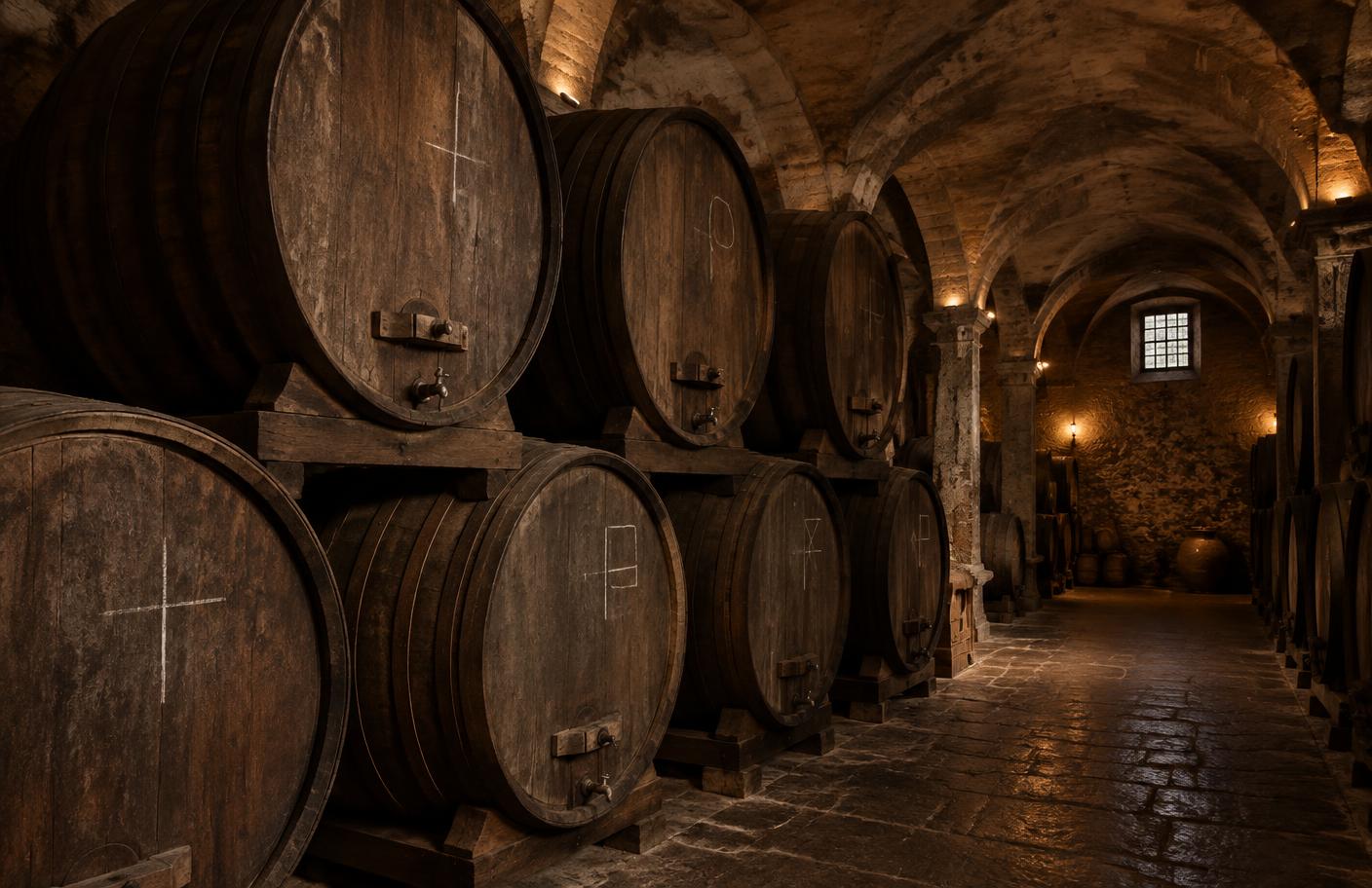 Large Slavonian oak casks resting in a vaulted stone cellar where Italian amaro is aged.