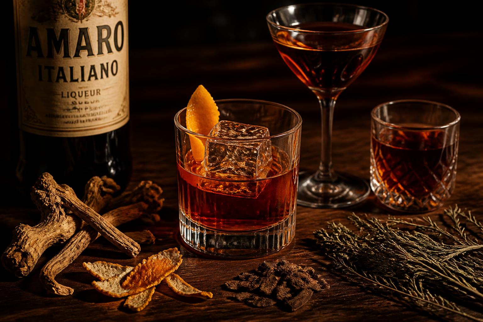 Three glasses of amber Italian amaro liqueur on a dark walnut bar top, surrounded by dried gentian root, bitter orange peel and wormwood.